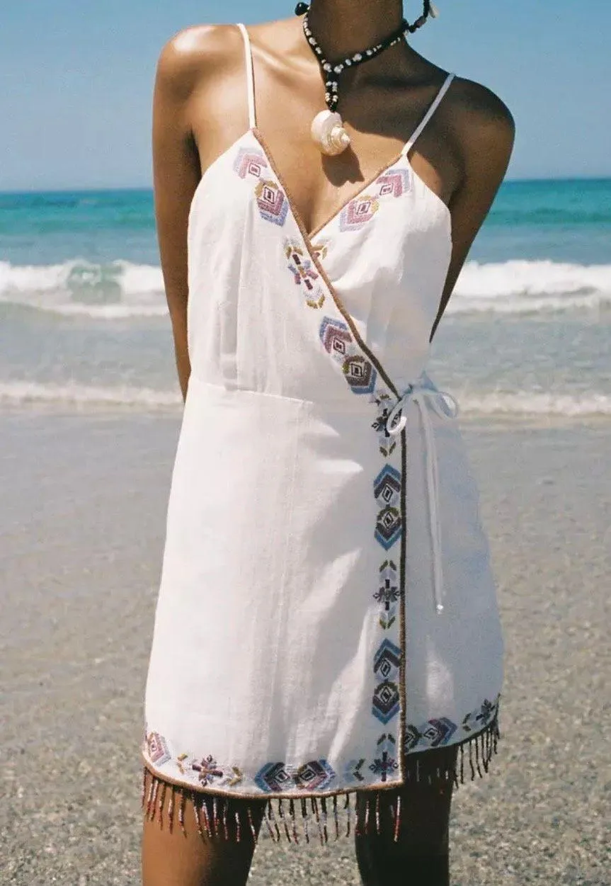 dress mini summer boho embroidered fringe cotton tribal Aztec wrap - Image 8