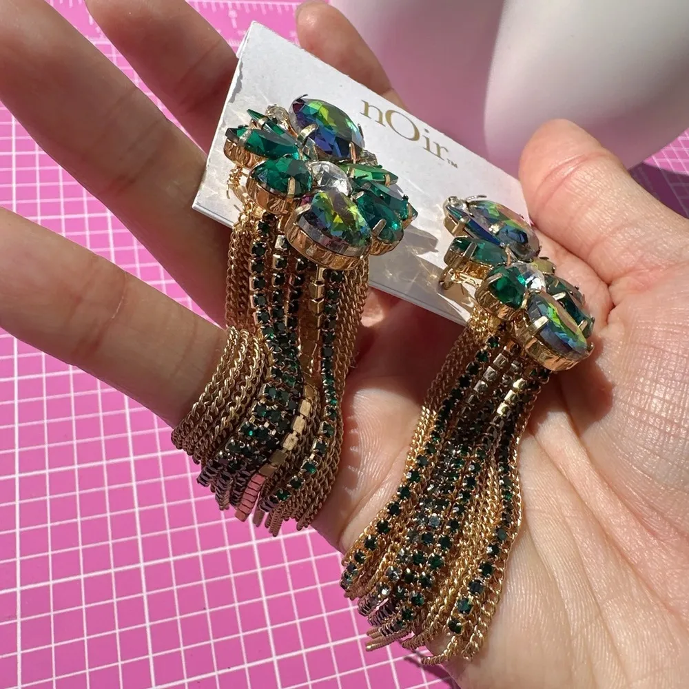 Noir earrings green crystals multi color reflective diamonds gold tone tassels - Image 2