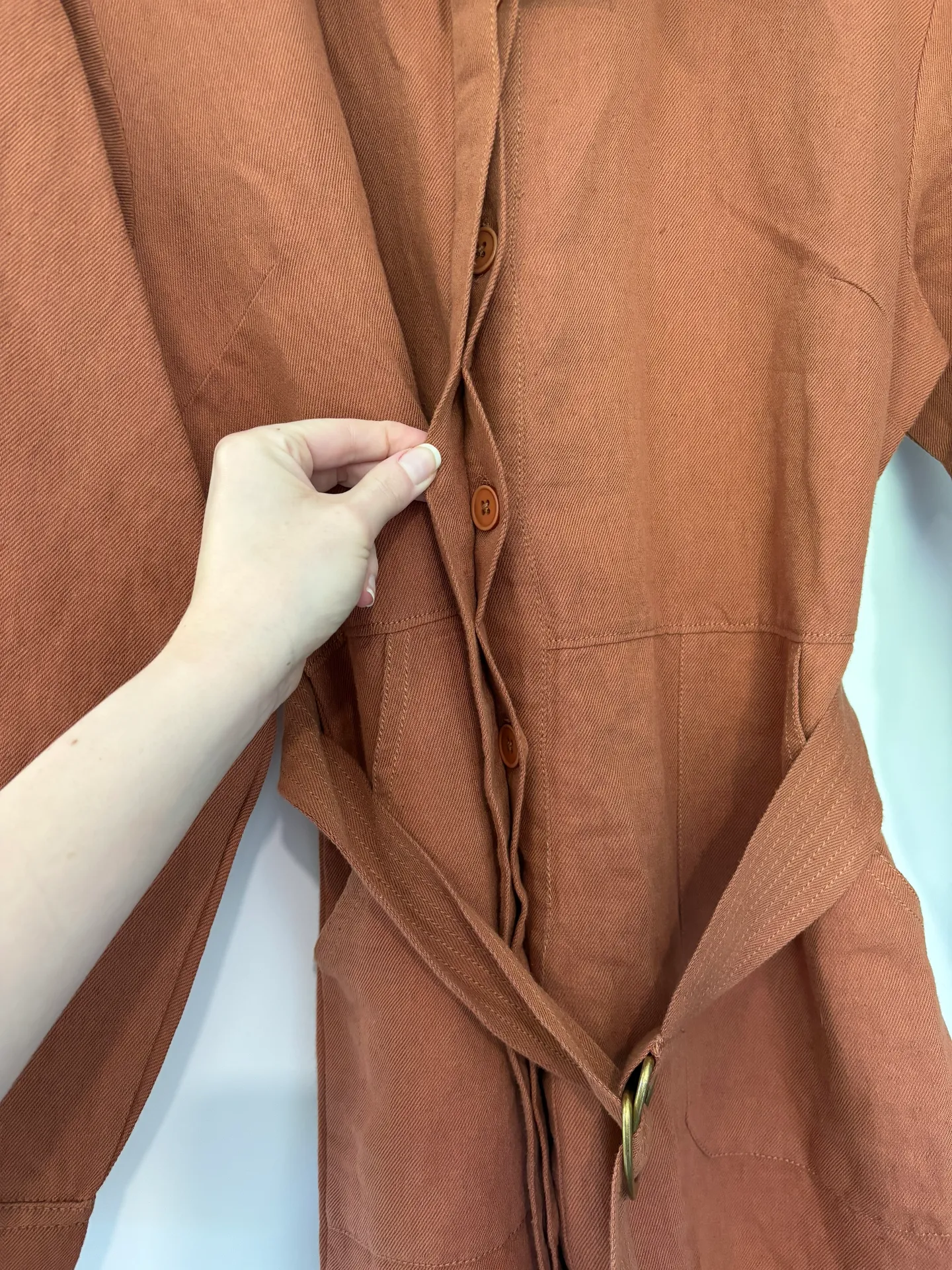 ABLE Charlyn Linen Blend Button Up Jumpsuit in Amber Brown Size L - Image 10
