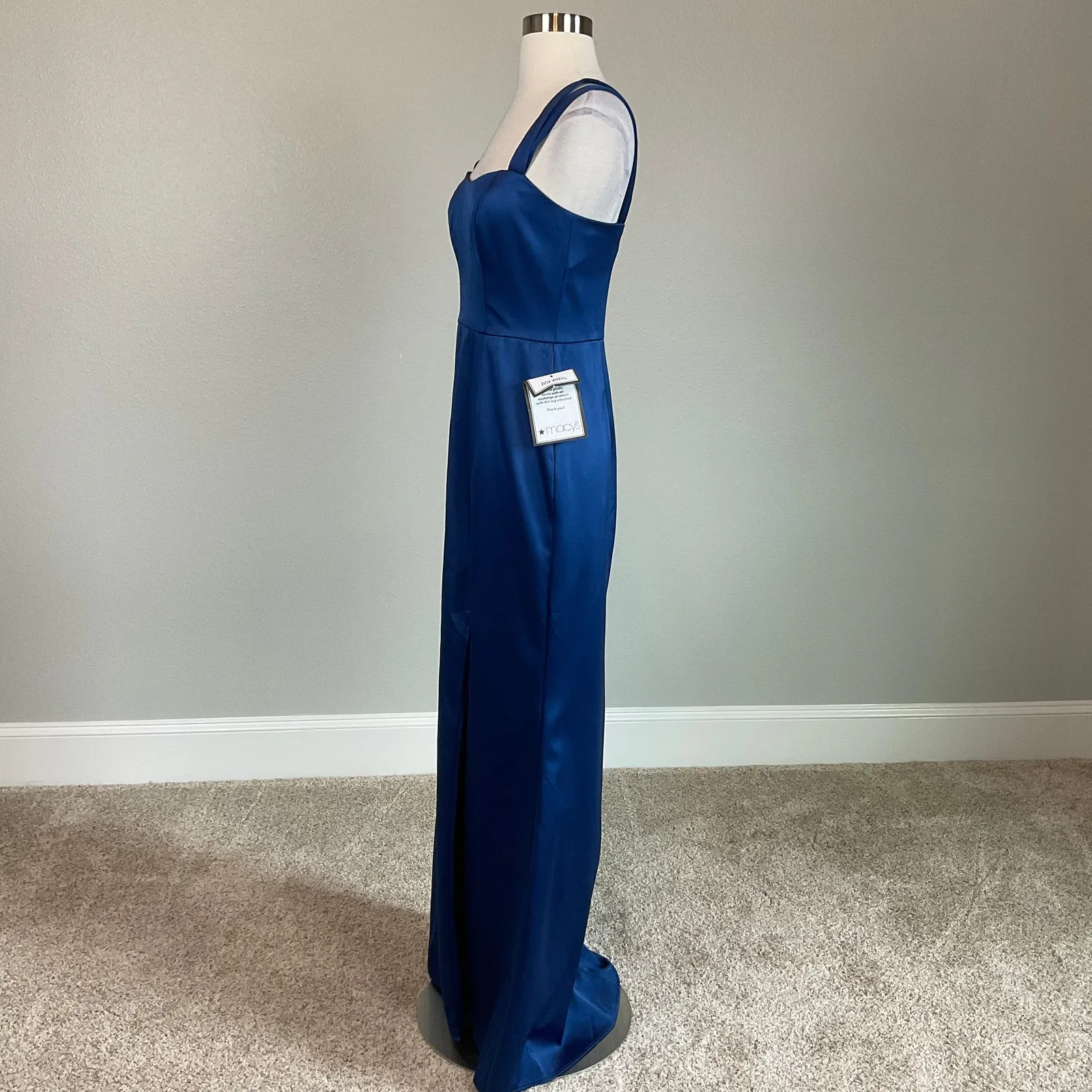 XSCAPE Satin Double Strap Sleeveless Column Evening Gown Blue Size 6 Thigh Slit - Image 3