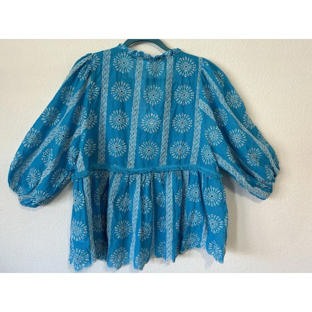 UMGEE Top Babydoll Boho Festival Indy Blue Flowy Blouse Large Ballon Sleeves NWT - Image 2