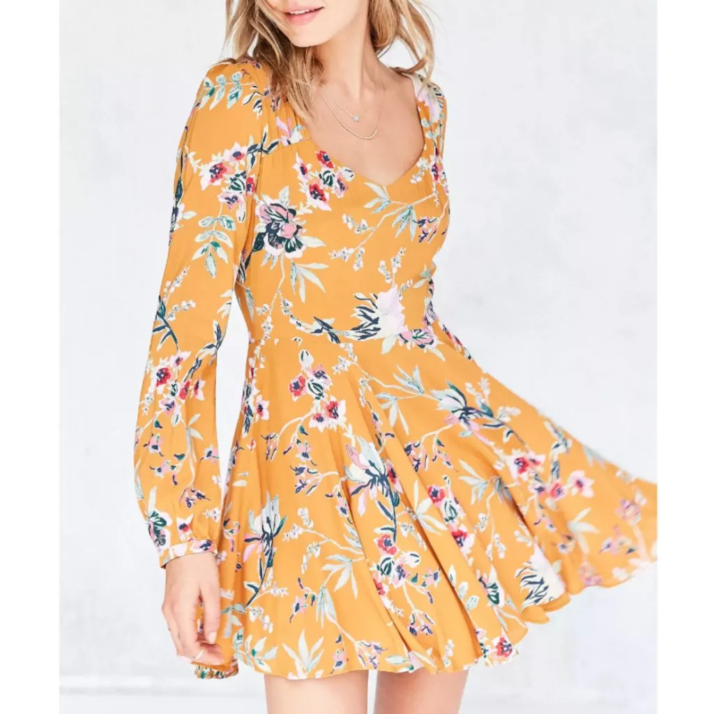 ECOTE URBAN OUTFITTERS Rosalinda Floral Long Sleeve Mini Dress Mustard Fit Flare - Image 4