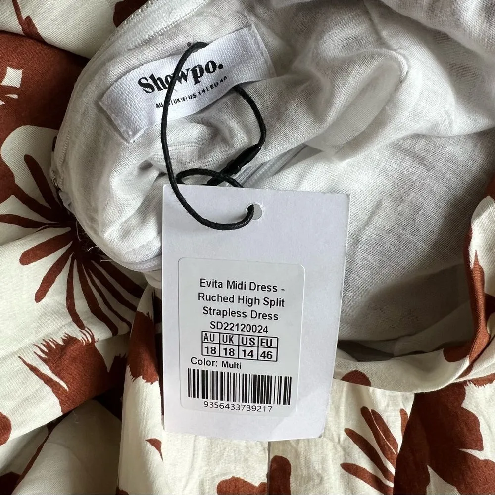 Showpo Evita Floral Midi Dress Ruched High Split Strapless NEW S - Image 10