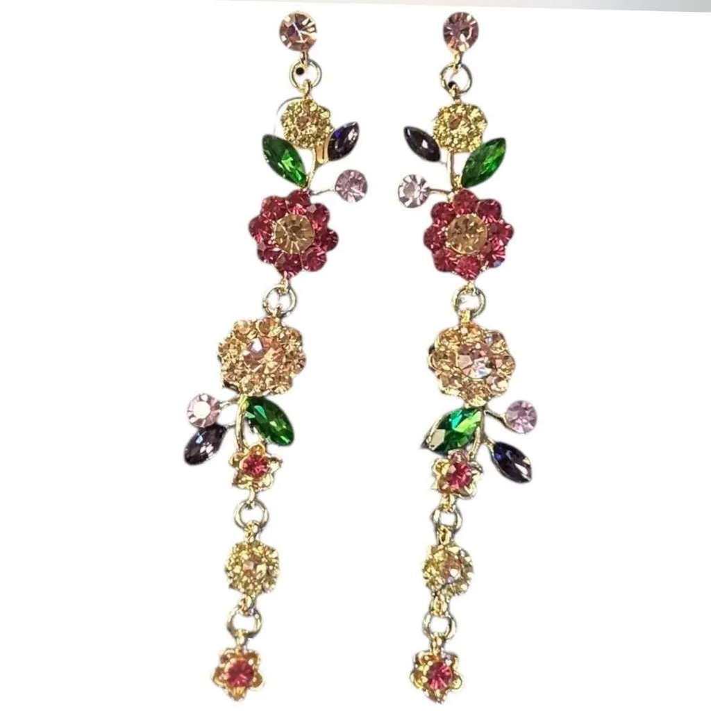 New Floral Crystal Drop Earrings Pink - Image 3