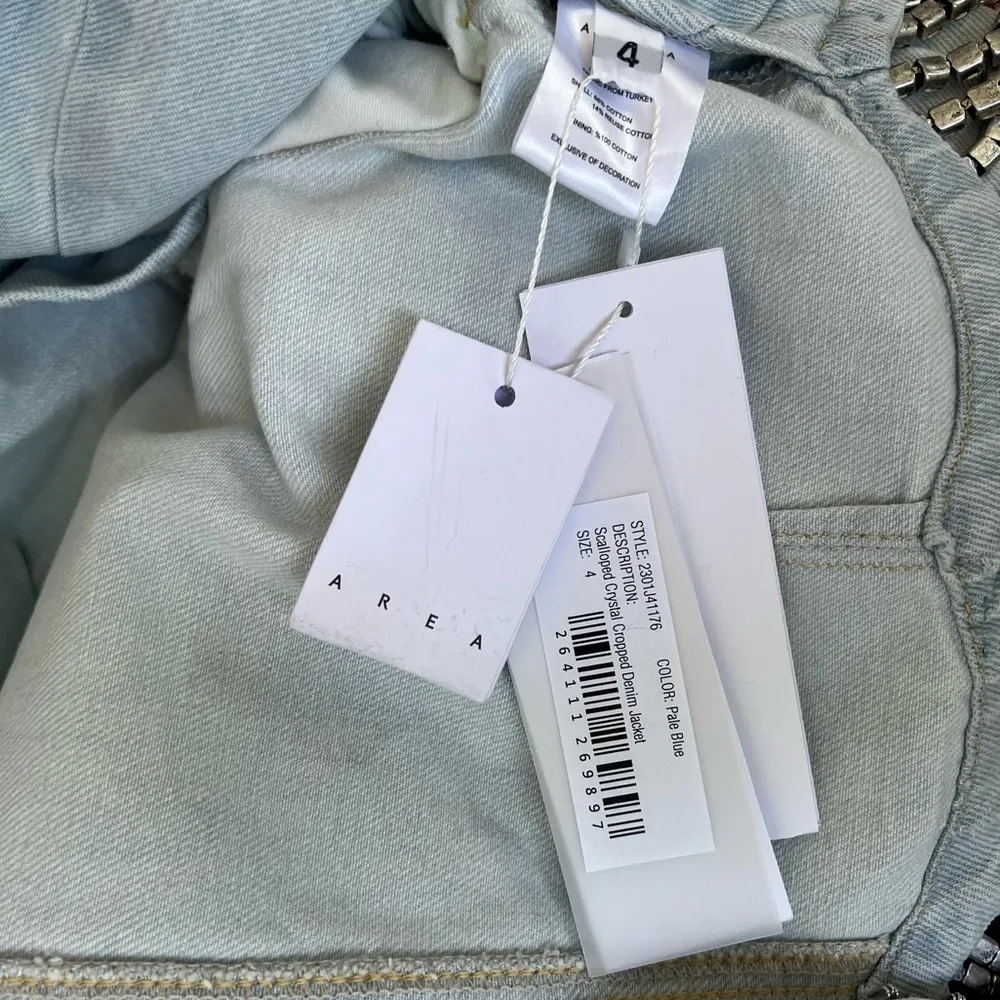 AREA Scalloped Embellished Cropped Denim Jacket in Pale Blue, Size 4, NWT Blue - Image 15