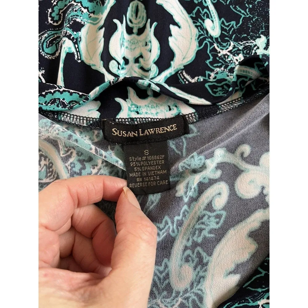 Susan Lawrence Navy Blue Slinky Green Paisley Print Stretchy Maxi Dress Sz Small - Image 6