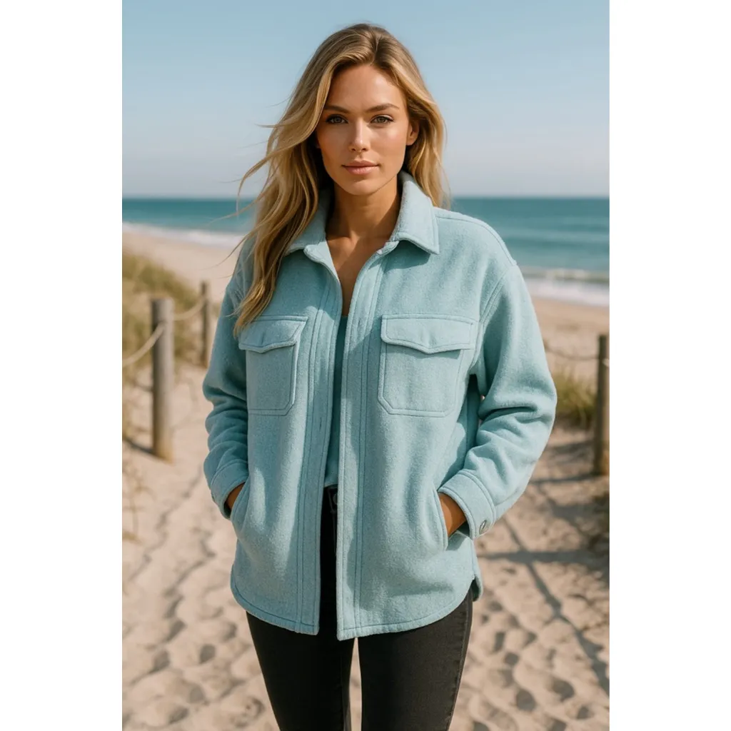 Oli & Hali Distressed Fleece Shacket L Soft Girl Coastal Lumberjane Quiet Luxury Blue Size L - Image 2