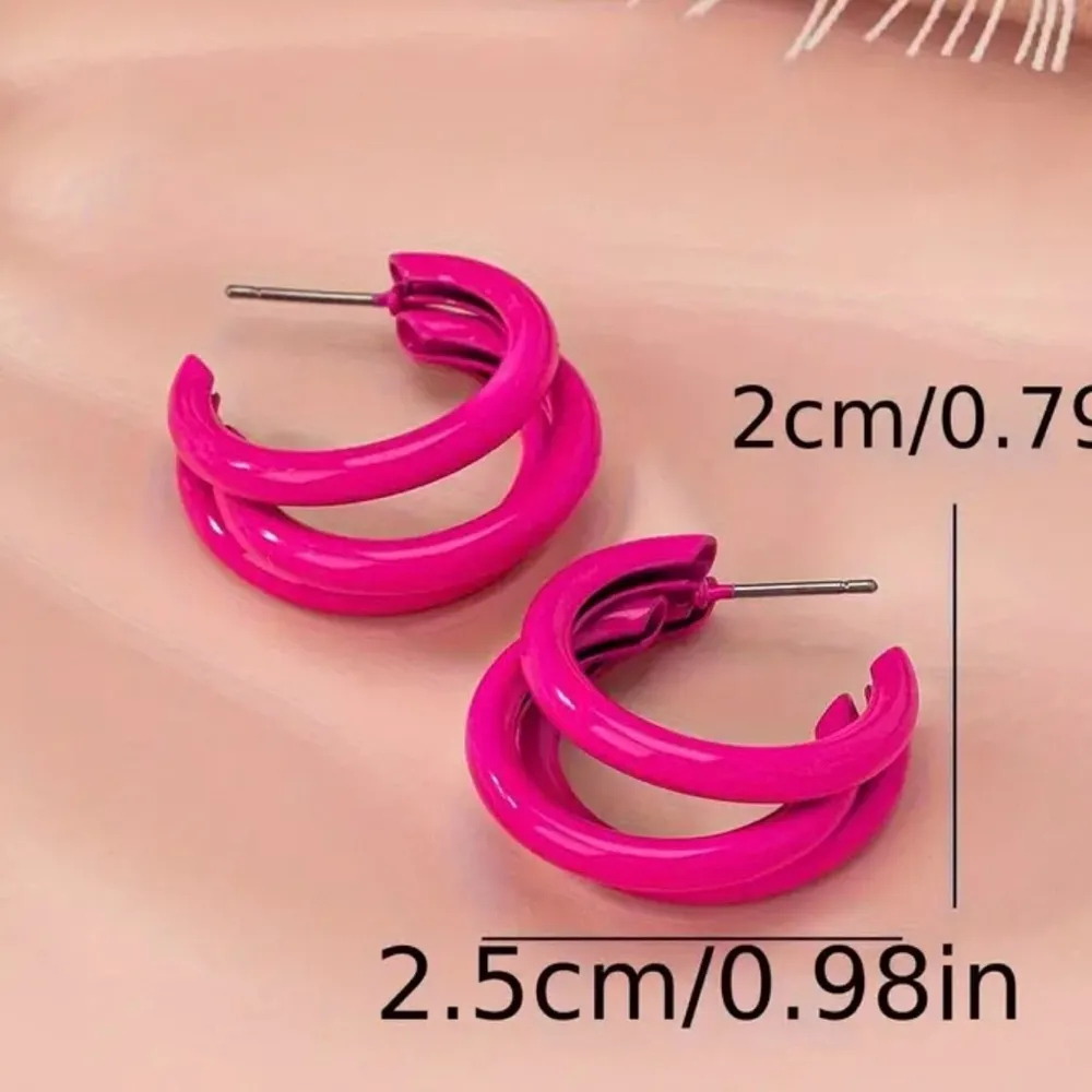 Hot Pink Hoop Earrings - Triple Layer C Shape, Durable Iron - Image 3