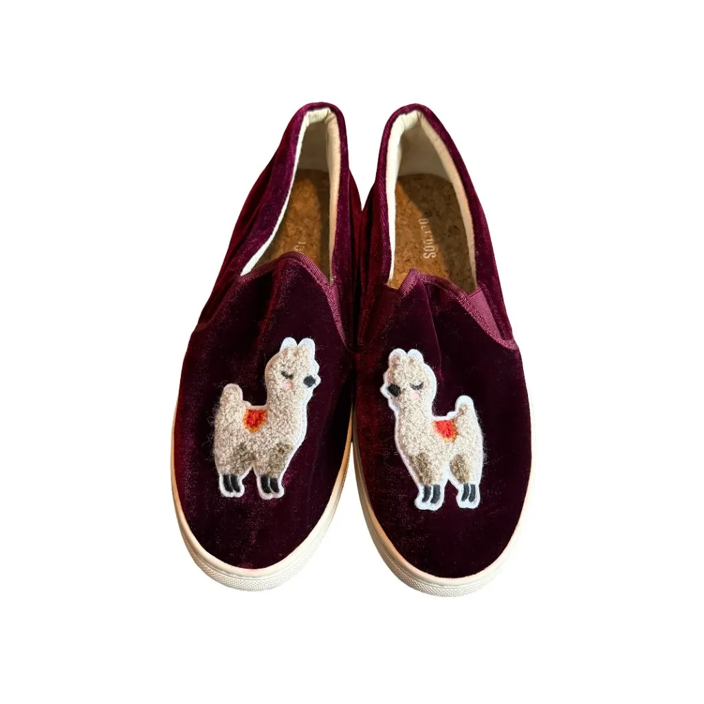 Soludos Burgundy Velvet Llama Slip-On Shoes Comfort Cute Flats Size 8.5 Women's - Image 2