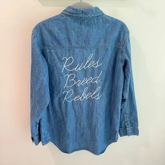 Gypsy Warrior  Embroidered “Rules Breed Rebels” Denim Button Up Shirt Large - Image 2