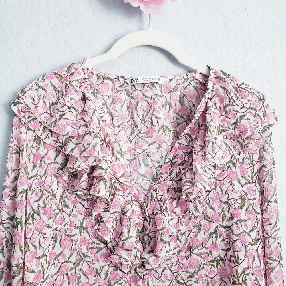 Zara Floral Pink Ruffle Long Sleeve Blouse - Image 2