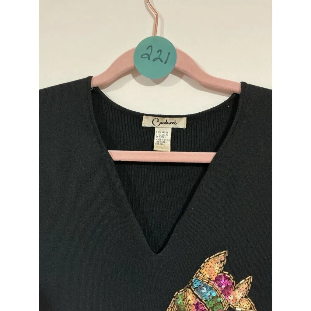 Woman’s Carducci V Neck Short Sleeve Black Top With Sequence Fish Large - Image 4