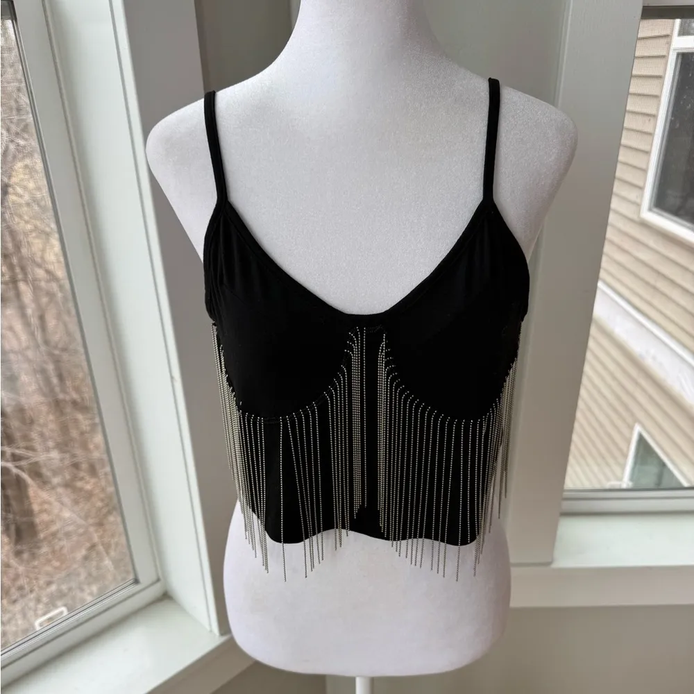 SHEIN Black Silver Bead Chain Corset Going Out Top Adjustable Spaghetti Straps L - Image 3