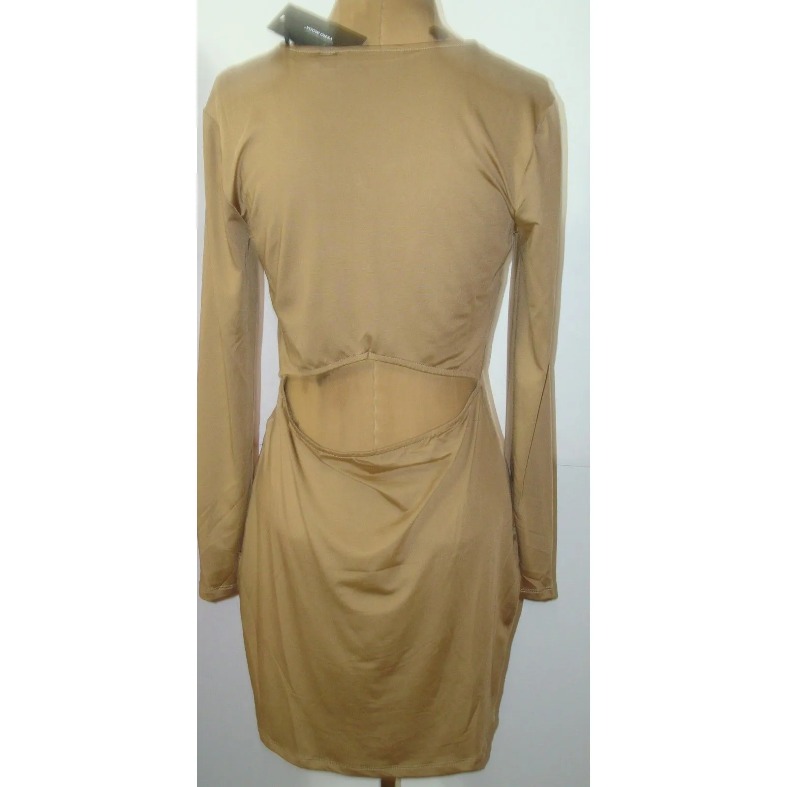 New Womens NWT Vero Moda $80 Open Back Dress Tigers Eye M Tan Gold Long Sleeves - Image 2