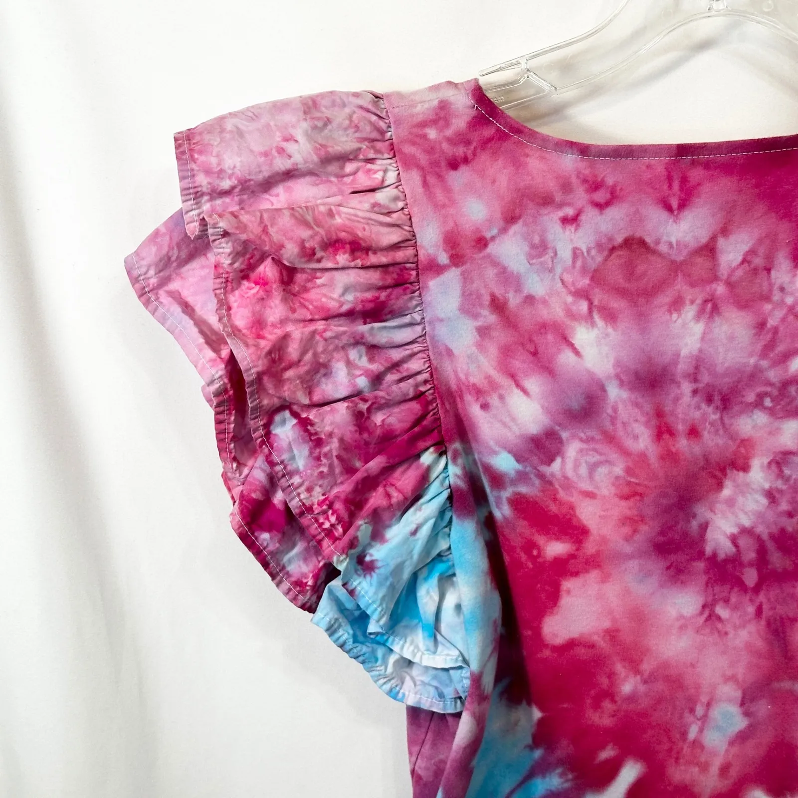 A New Day Large Top Handmade Tie Dye Ruffle Sleeve‎ Crop Pink Blue Artsy 1743 - Image 7