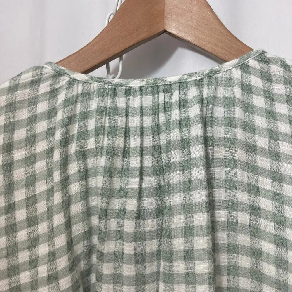 Zara Green White Gingham Plaid Long Elastic Sleeve Front Key Hole Tie Blouse Top - Image 12