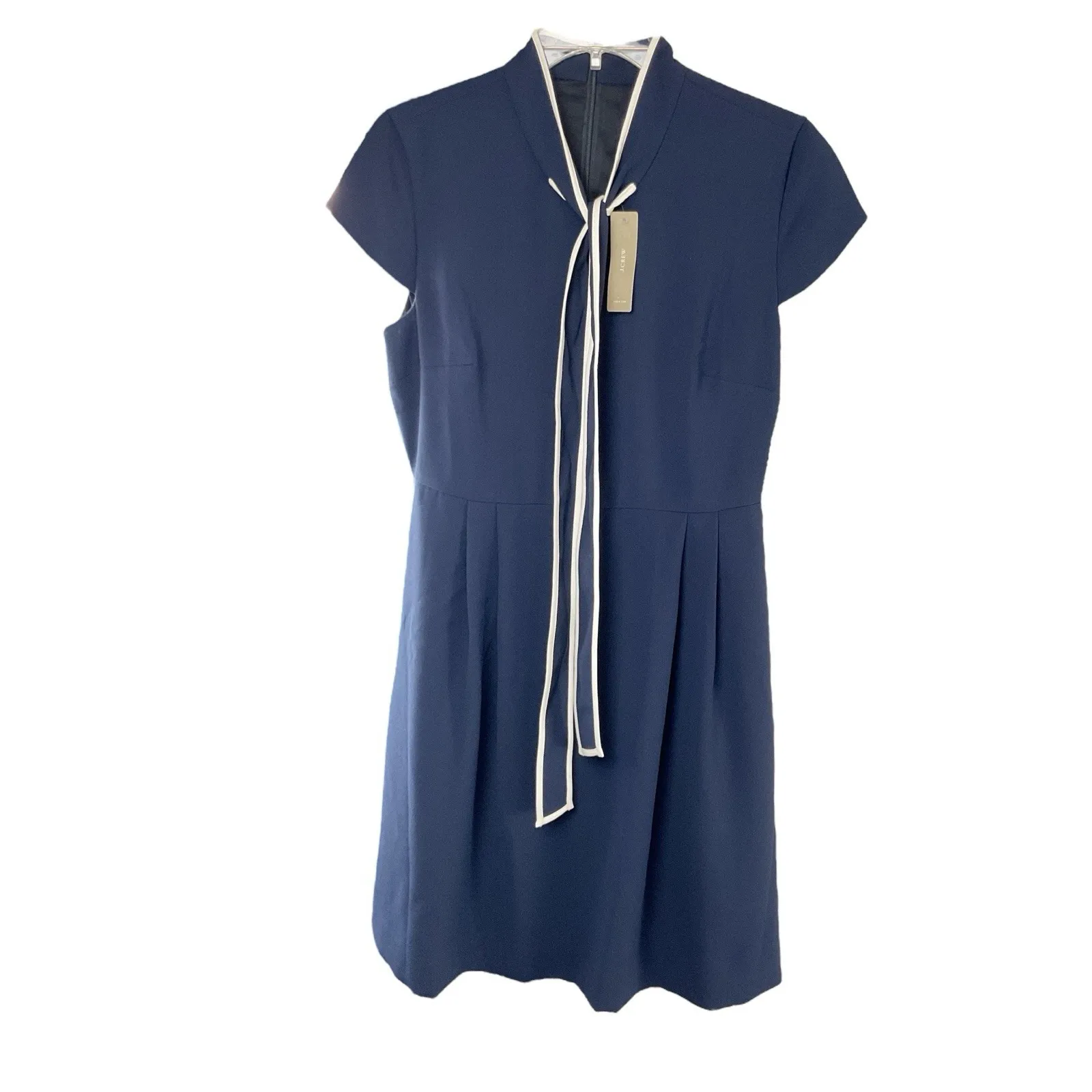 J CREW Navy Blue Tie Neck Crepe Dress Size P8 A-Line Sleeve Workwear NWT‎ - Image 6