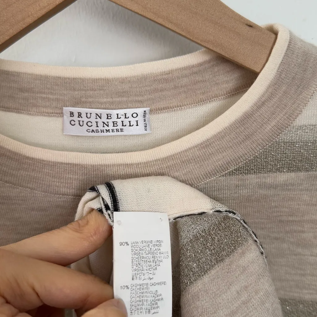Brunello Cucinelli XS Stripe Metallic Knit T-Shirt Virgin Wool Cashmere Beige - Image 4