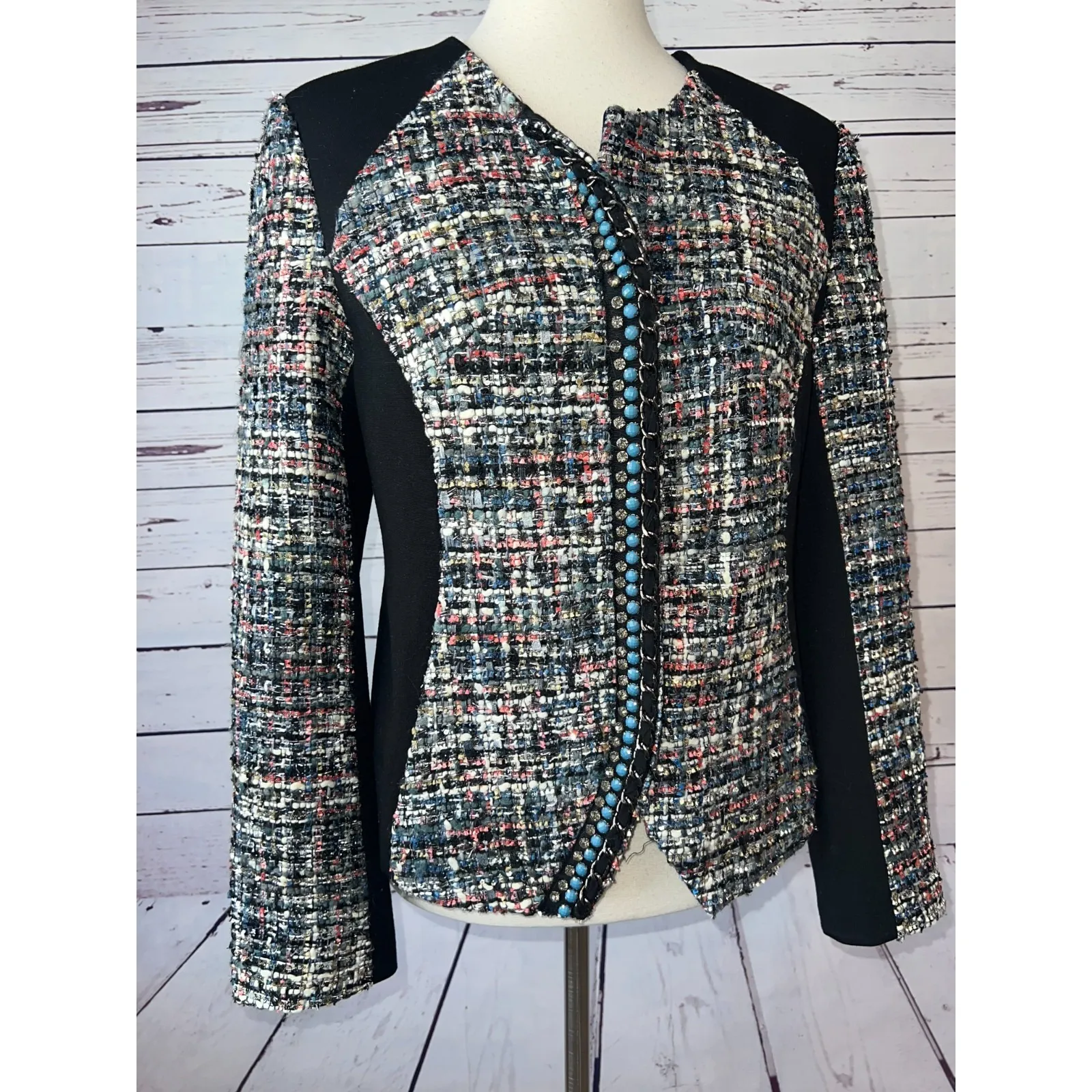 Boston Proper Tweed Jacket Cardigan size 8 Blazer Wool Blend Beaded Metallic - Image 9