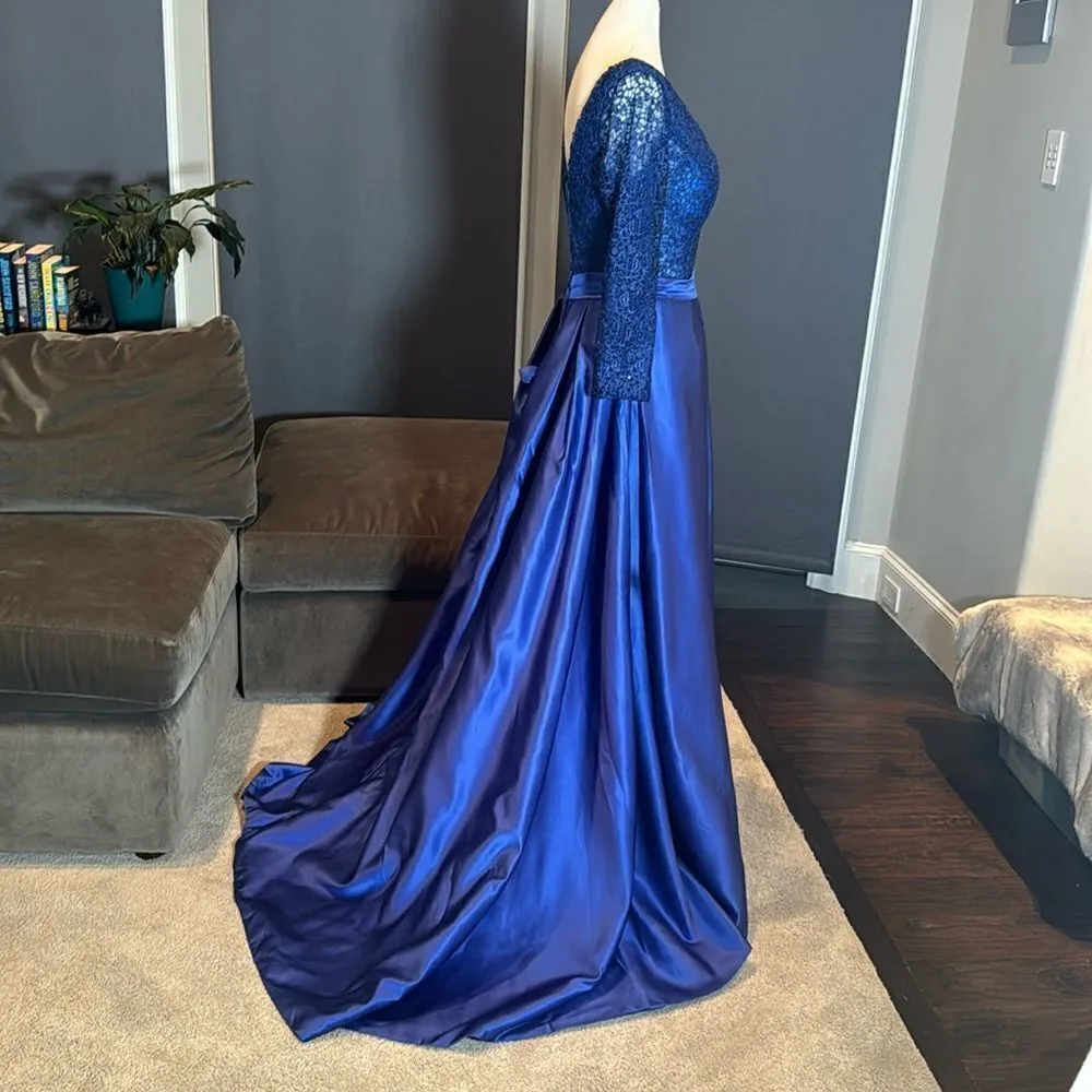 Women’s Blue Full Length 3/4 Sleeve Sparkly Sheer Bodice Dress Leg Slit Size 6 - Image 5