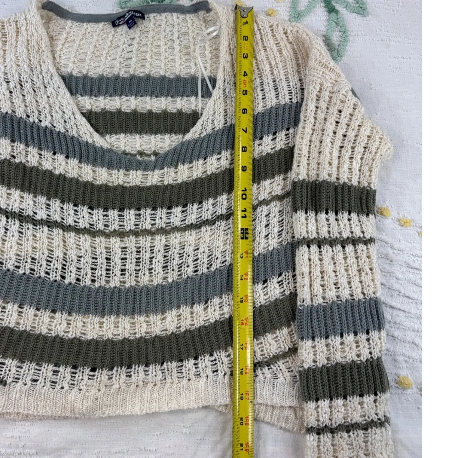 Freshman Knit Sweater Striped V Neck Crop Top Open Weave Beige Green Blue M Tan Size M - Image 5