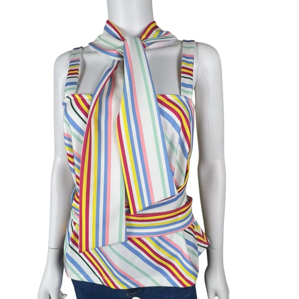 BOSTON PROPER: Rainbow Stripe Sleeveless Blouse with Long Tie Waist - Image 4