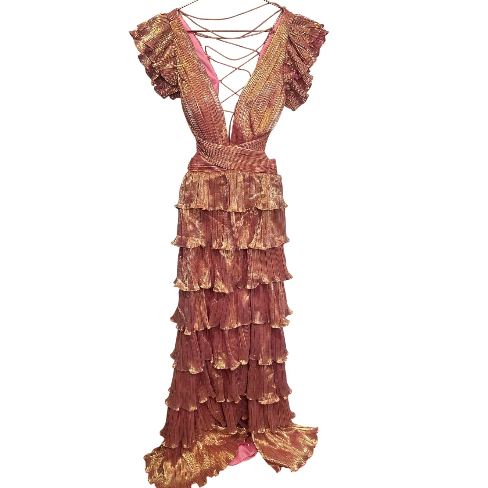 MAC DUGGAL Coral Pink Gold Ruffle Tiered Criss Cross Lace Up Back Gown Dress 2 - Image 11