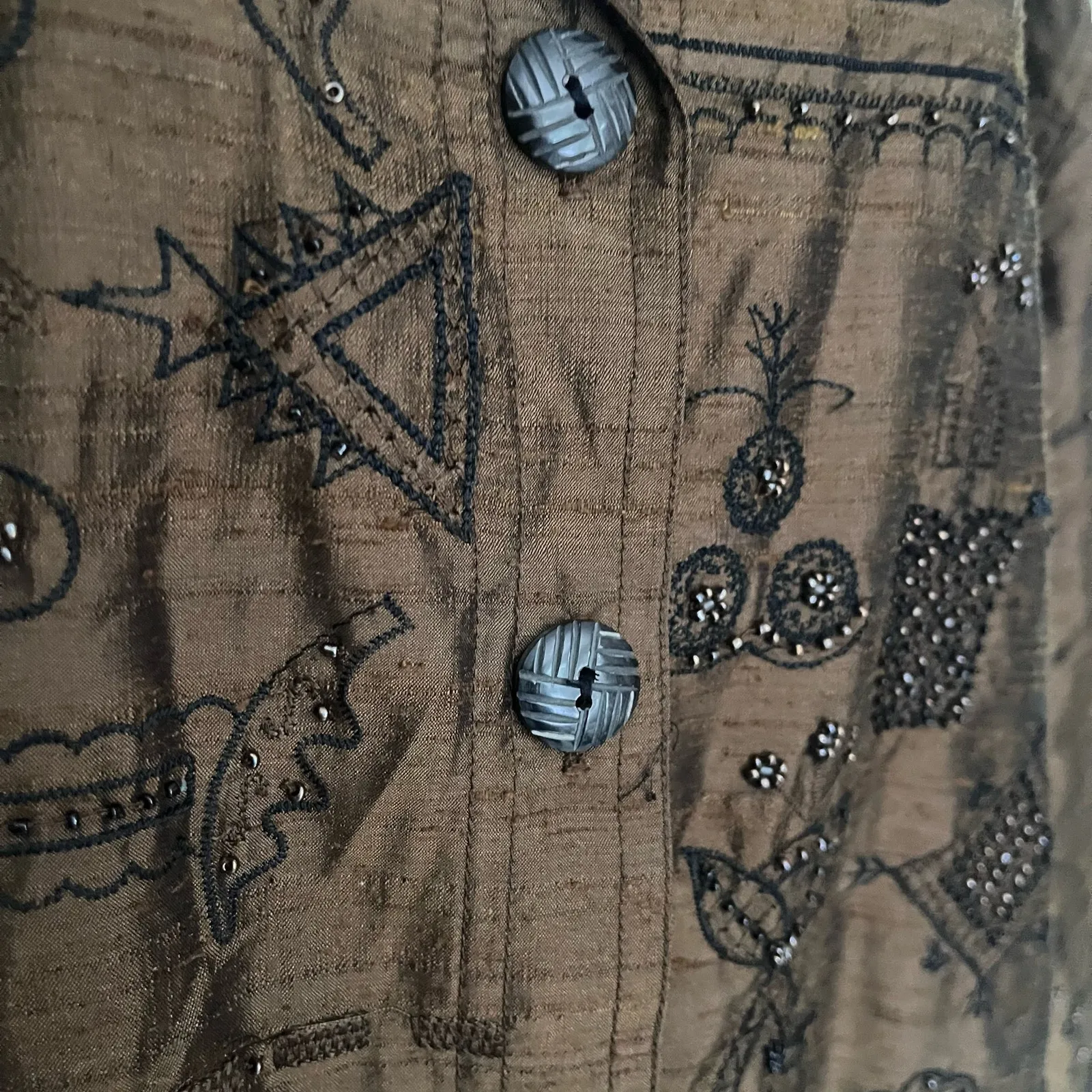 Vtg Chico's Silk Beaded Womens Jacket Sz 16 Boho Artsy Witchy Lagenlook Olive 90 Green - Image 12