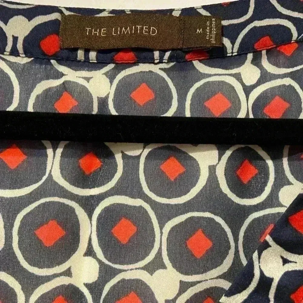 Limited Navy Blue Geometric Sheer V Neck Smock Collar 3/4 Sleeve Blouse Size M - Image 3