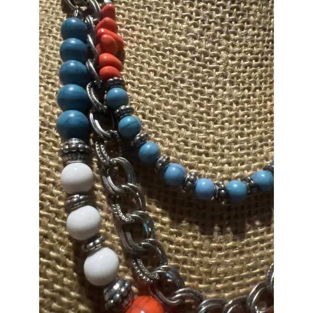 Silver Tone Multi Strand Necklace Southwestern Orange Blue White Layered Adj 18" - Image 2
