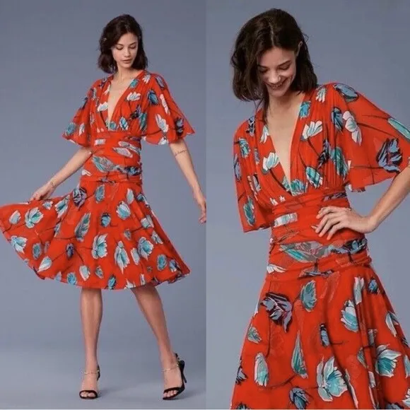 DVF • Flutter Sleeve Cinched Waist Dress mesh midi Asher Vermillion floral print - Image 2