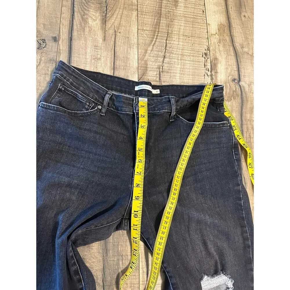 Levi’s 721 Womens 32 High Rise Skinny Black Stretch Distressed Jeans Denim Holes - Image 2