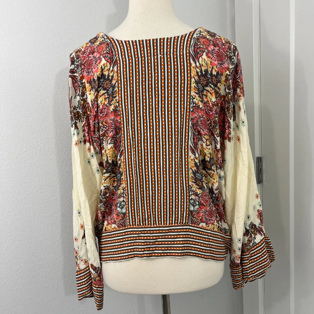 Free People Small Cream Floral Stripe Boho Cropped Long Sleeve Blouse - Image 6