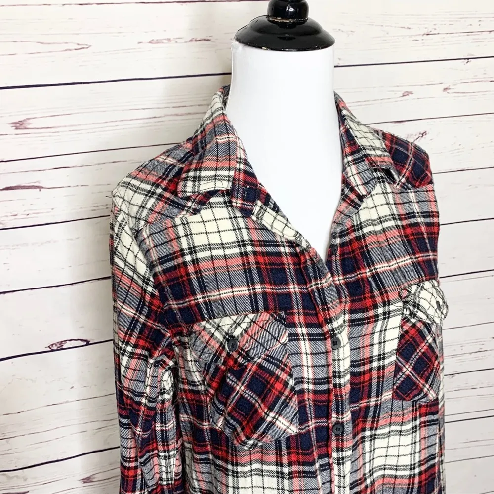 Ci Sono Red Plaid Flannel Elbow Patch Button Up Shirt Top Size Medium - Image 2