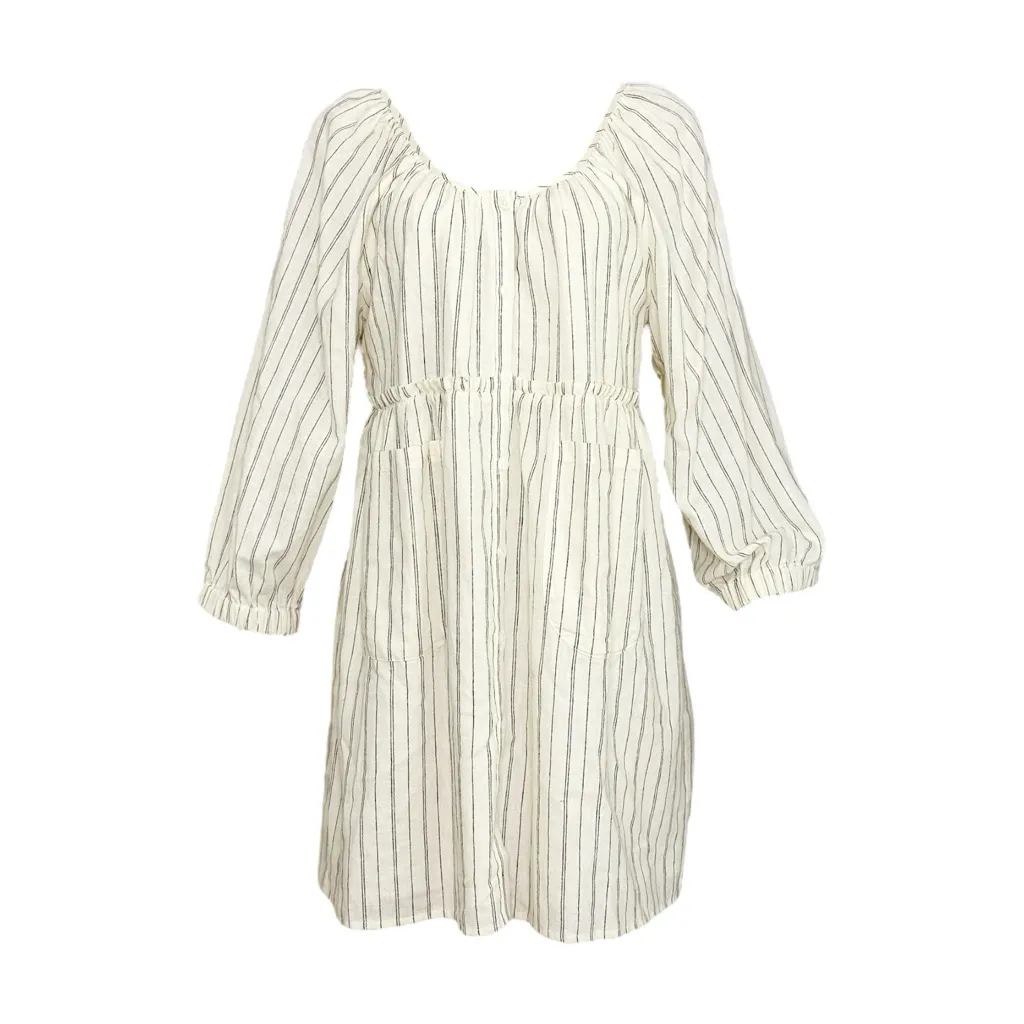 EMERSON FRY Jasmine Button Down Dress, Ivory Hemp Stripe Organic, Large Blue - Image 8