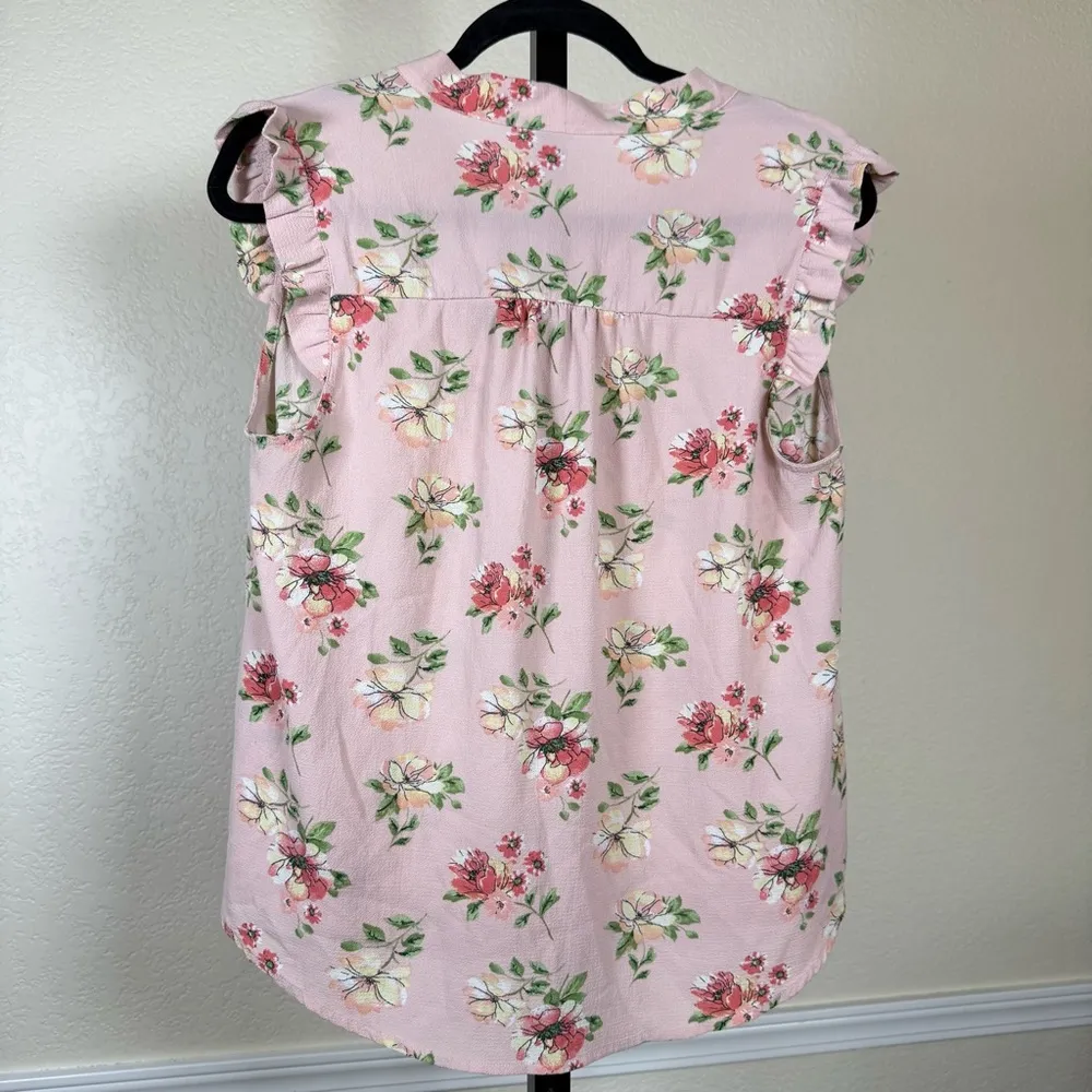 Women’s Large Lightweight Stretch Blouse Pink Floral Spring Summer Office Ruffle - Image 9