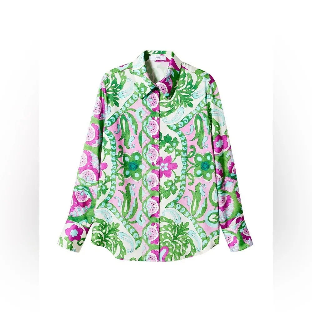 MANGO‎ Italian Fabric Floral Satin Relaxed Button Up Shirt Green Size 4 - Image 11