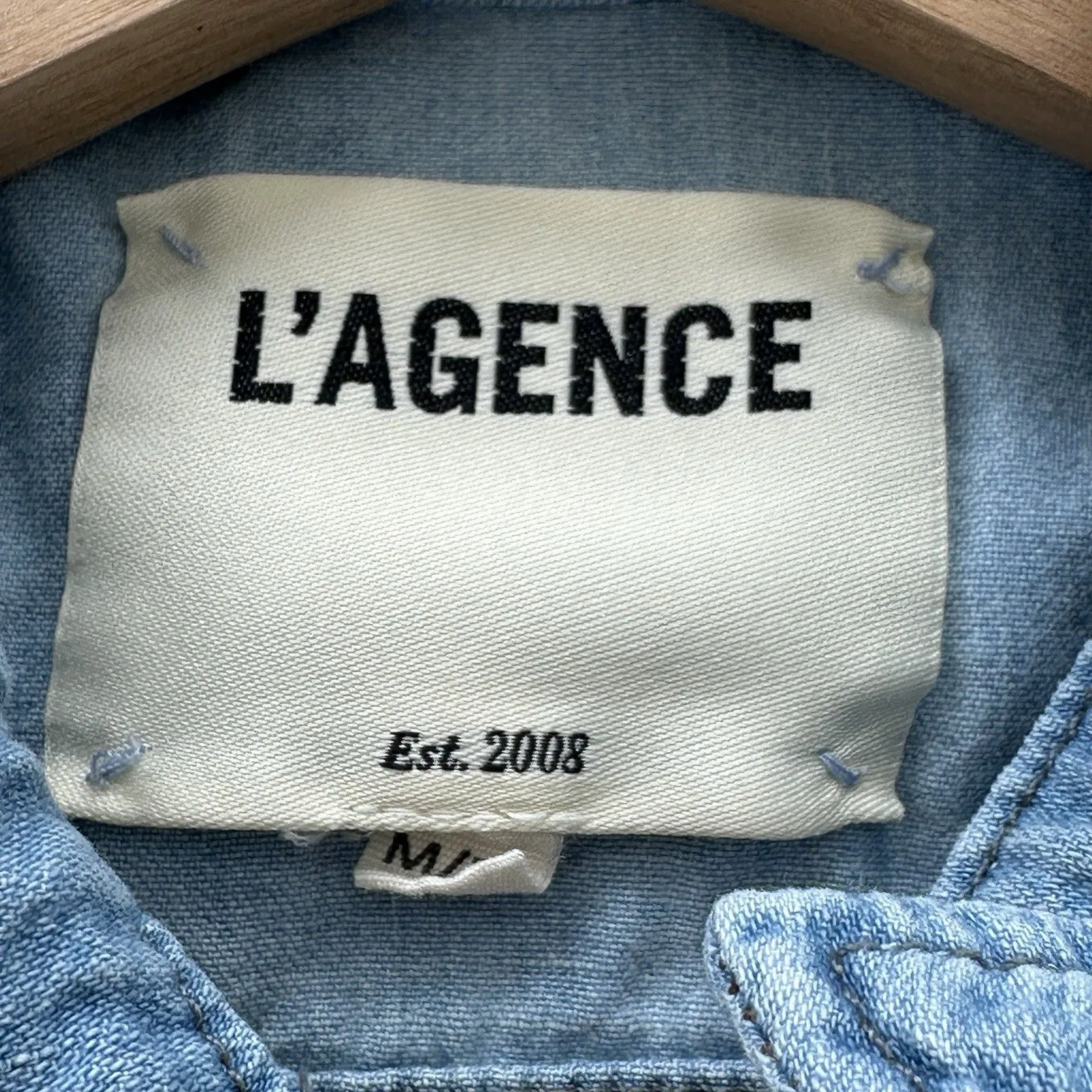 L’AGENCE Janelle Havana Blue Slim Raw Edge Denim Jacket Classic Women M - Image 4