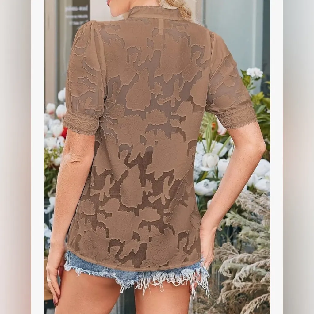 NEW Lace Dressy Casual Short Sleeve V Neck Shirts Elegant Career Blouse S Tan - Image 2
