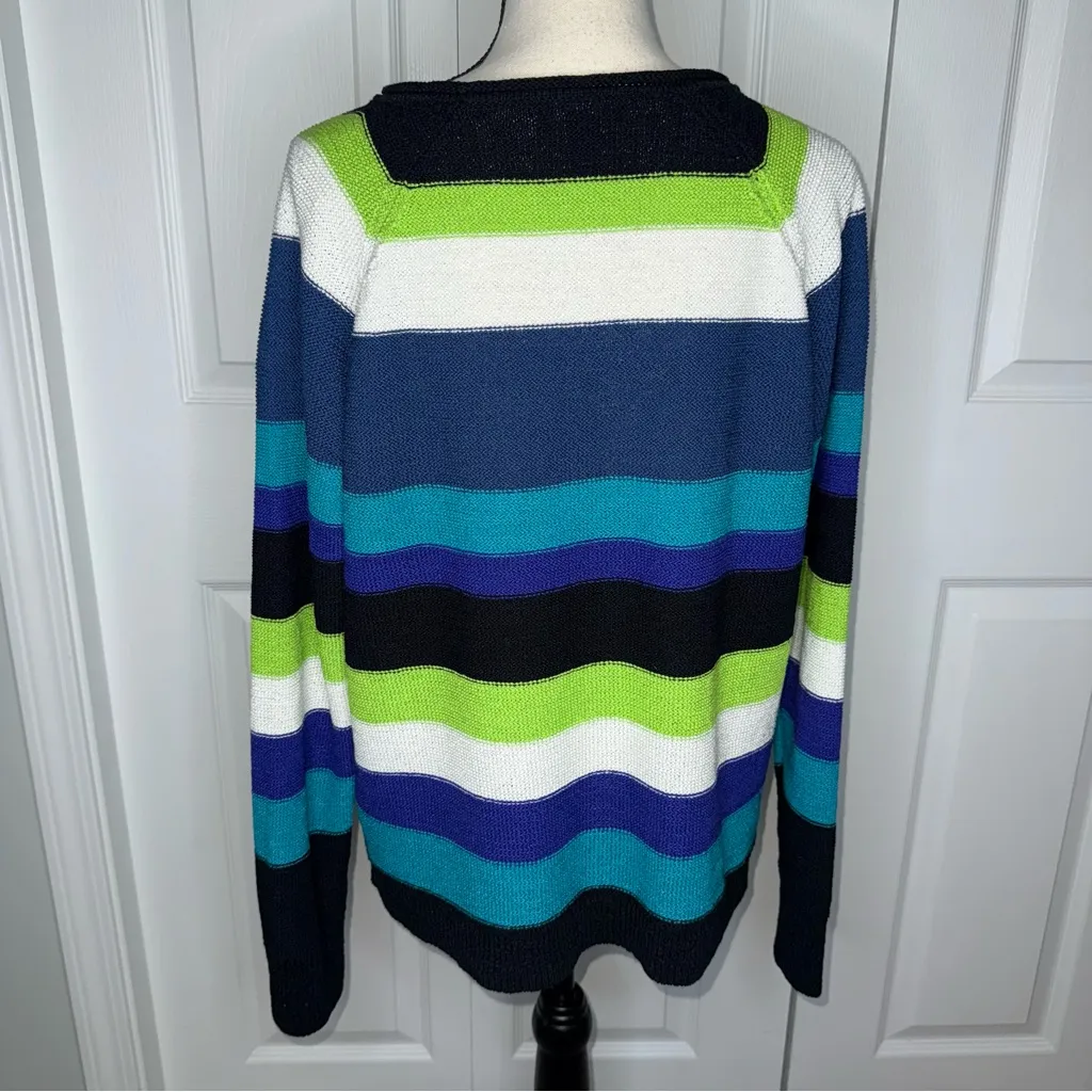 Chaps Women's Striped Sweater Multi Color Blue, Green, White Cotton Blend XL Y2k - Image 4