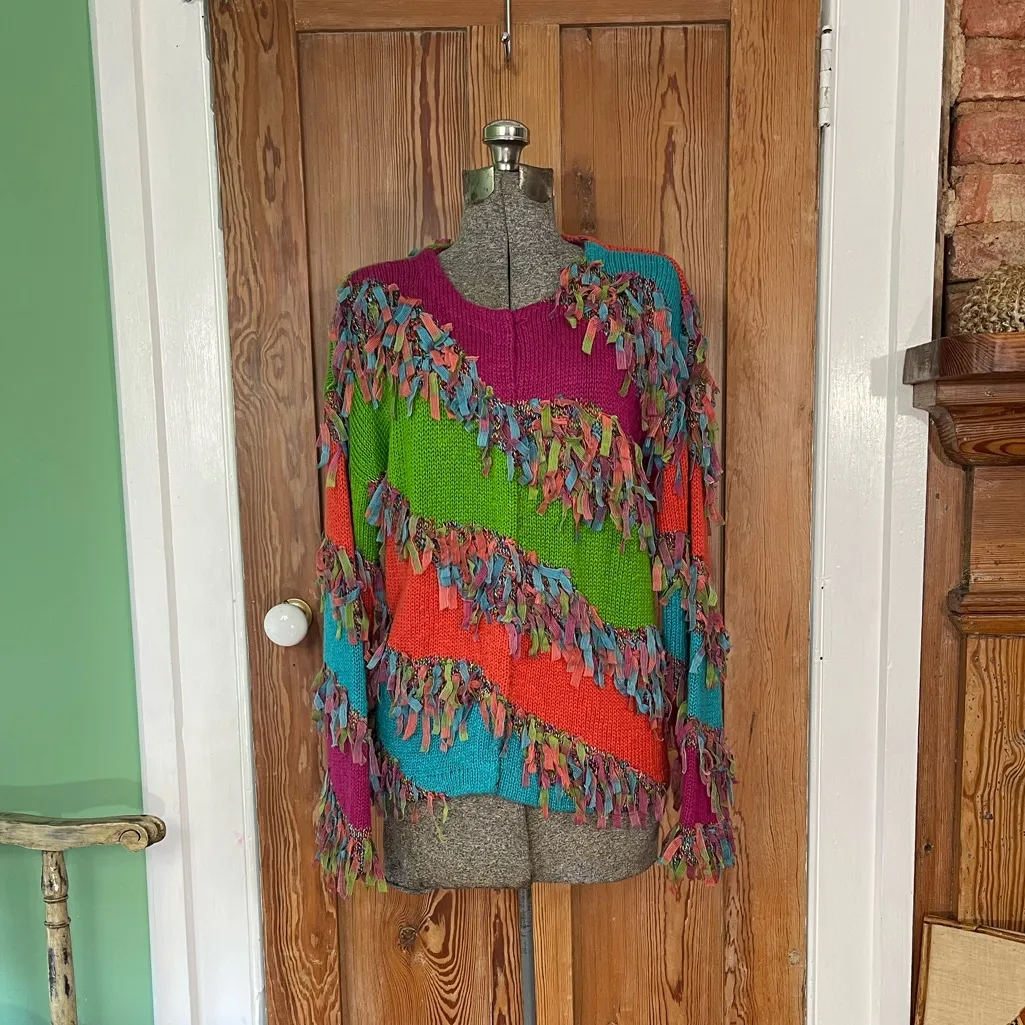 Vintage Design Options Philip & Jane Gordon Ribbon Fringe Art Knit Cardigan~M 🍄 Green Size M - Image 2