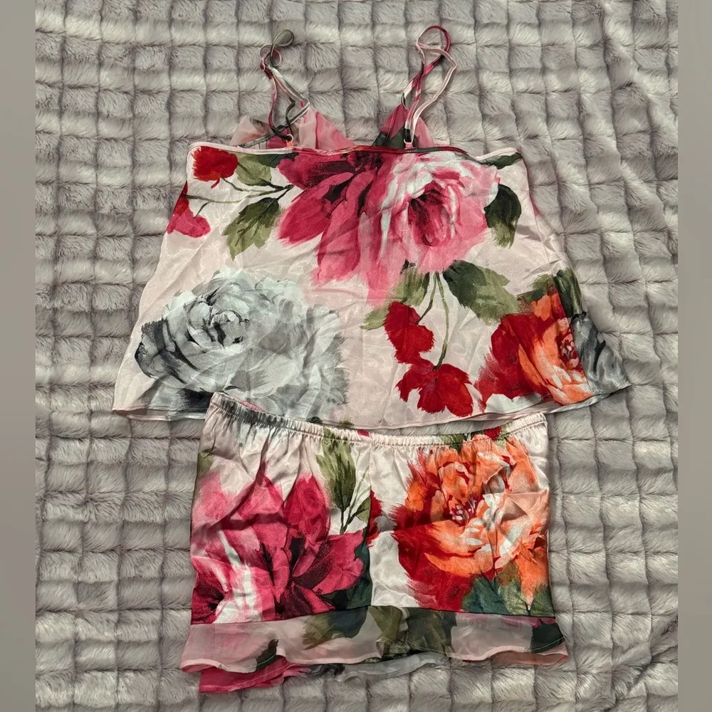 Sexy Floral Satin Pajama Set size M Pink Size M - Image 3