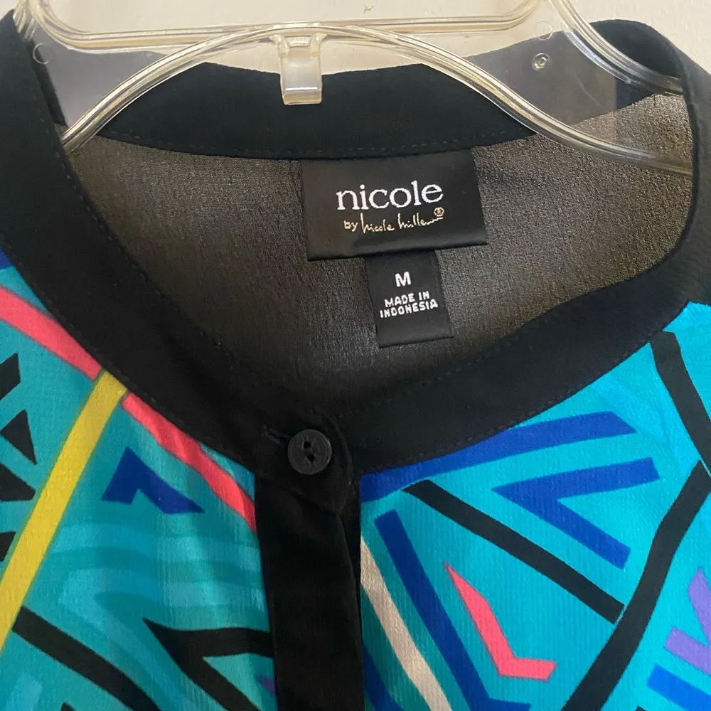 Nicole Miller Womens Sheer Blouse M Medium Black Teal Blue Pink Yellow Abstract - Image 2