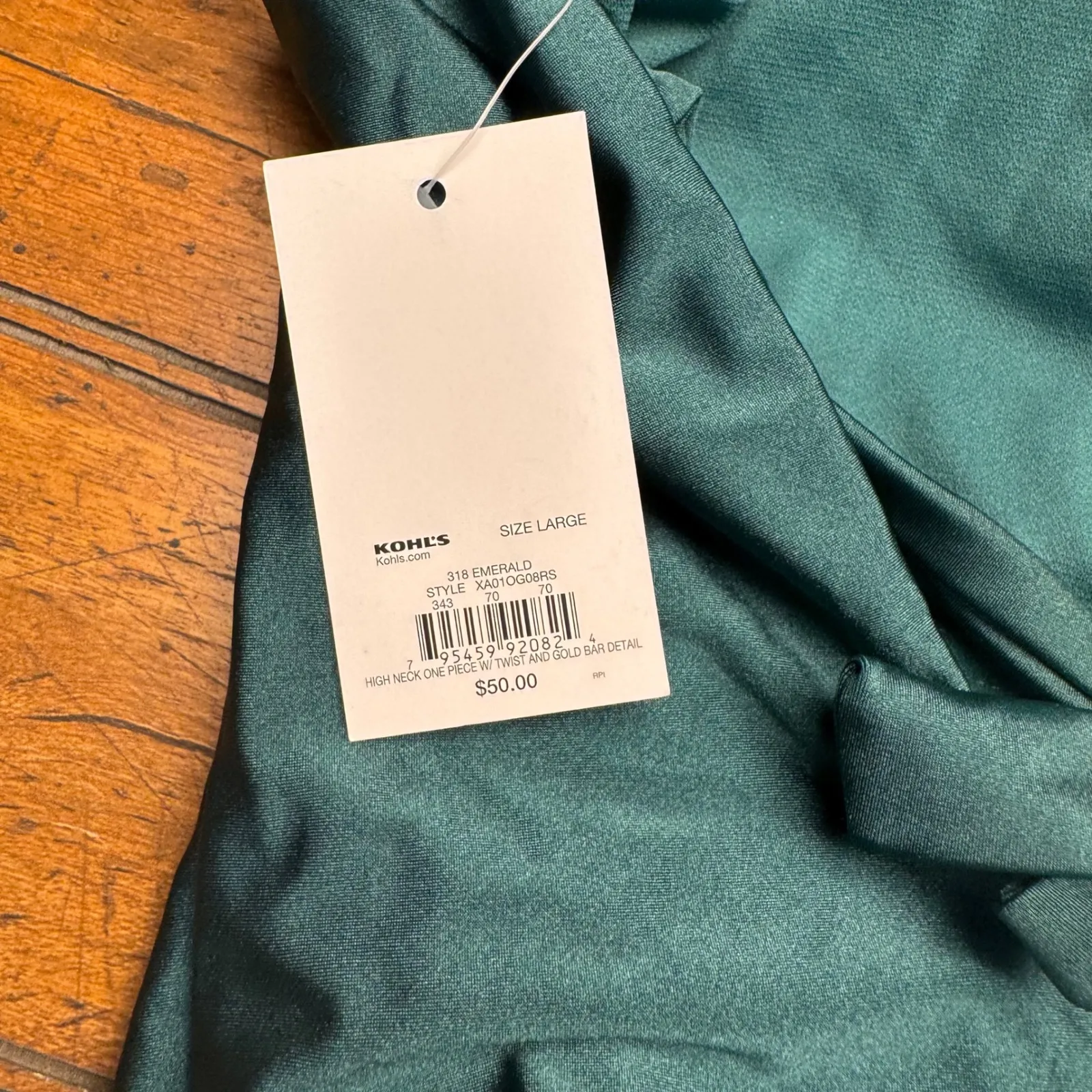 Apt 9 Emerald Green High Neck One Piece Swimsuit Gold Bar Detail Women's Large - Image 4