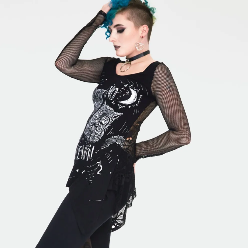NO EVIL CATS LONGLINE TOP WITH NET SLEEVES Black Size L - Image 3