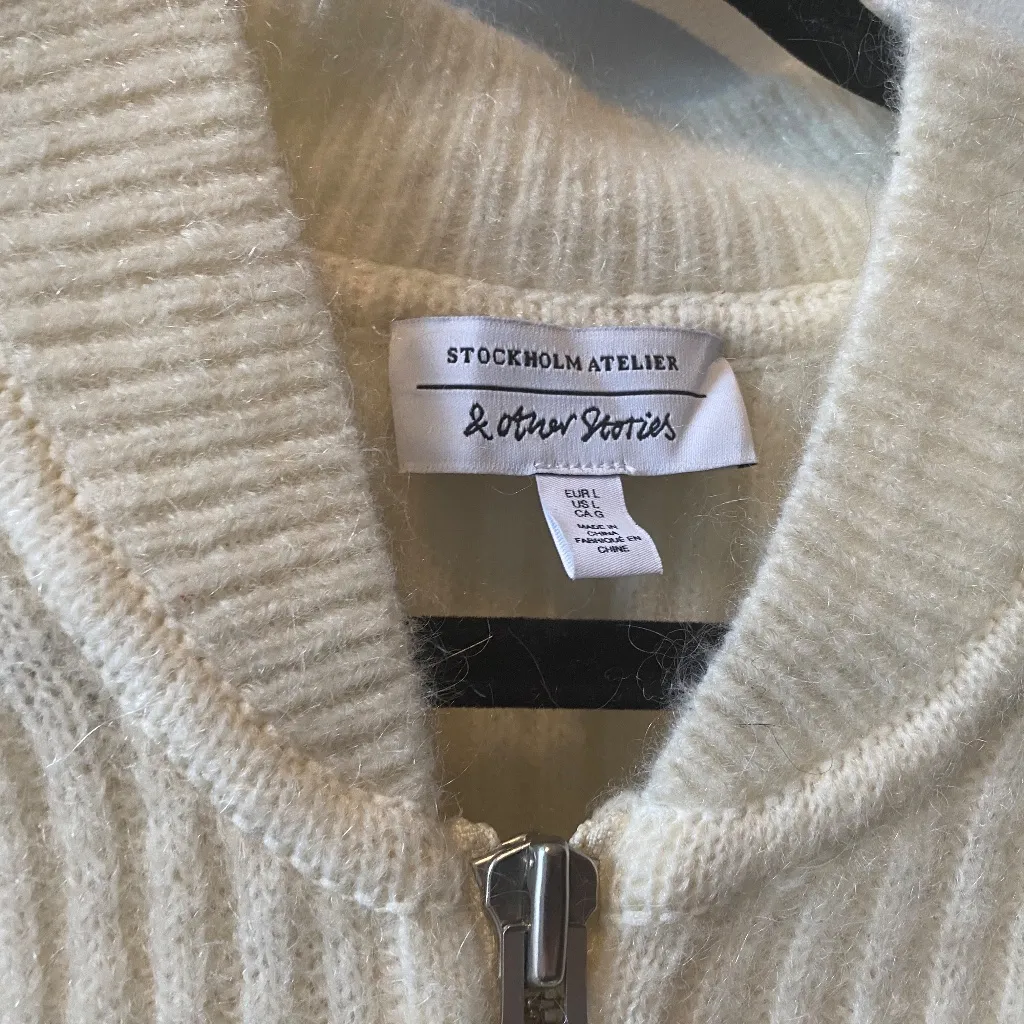 & OTHER STORIES Wool & Mohair Blend Knit Bomber Cardigan in Cream- Size L Large - Image 5