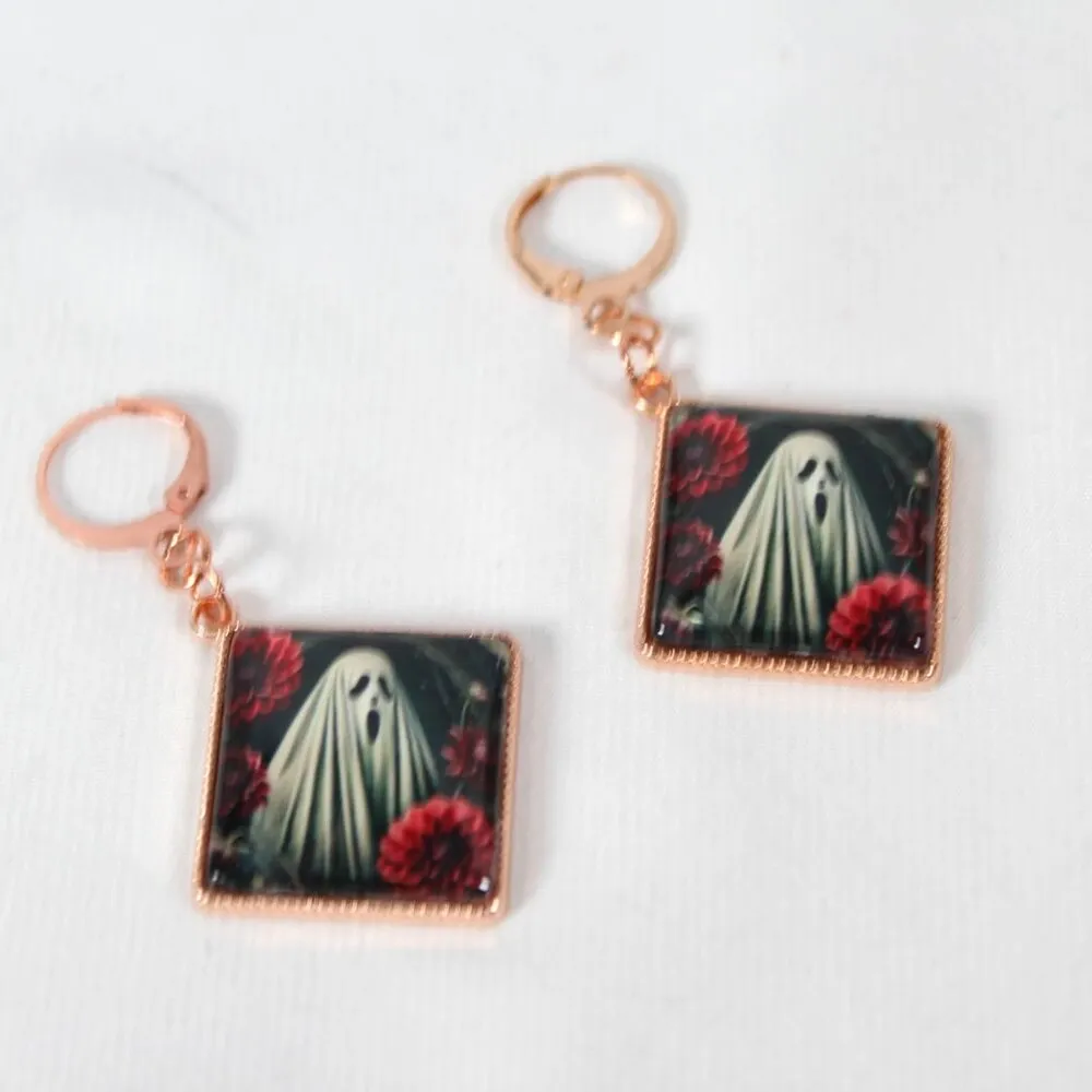 The Phantom Among the Dahlias Earrings Handmade Pastel Goth Rose Gold Tone Metal - Image 2