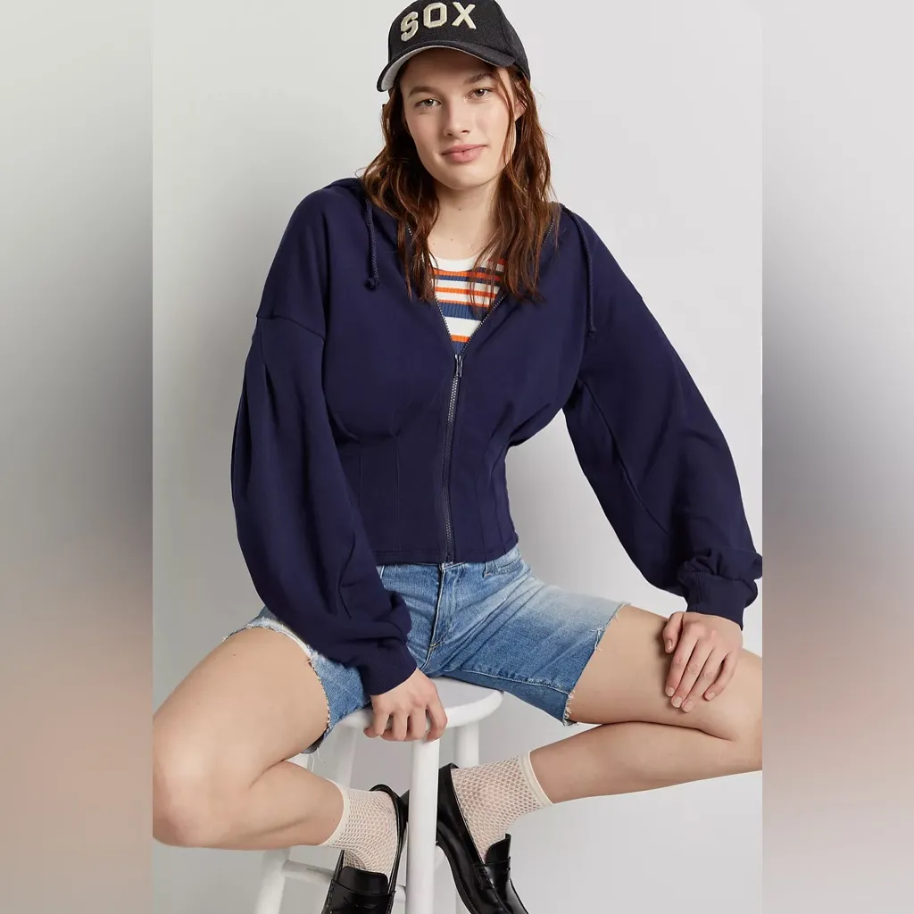 Anthropologie Maeve Cary Darted Zip-Up Hoodie Navy XL - Image 11