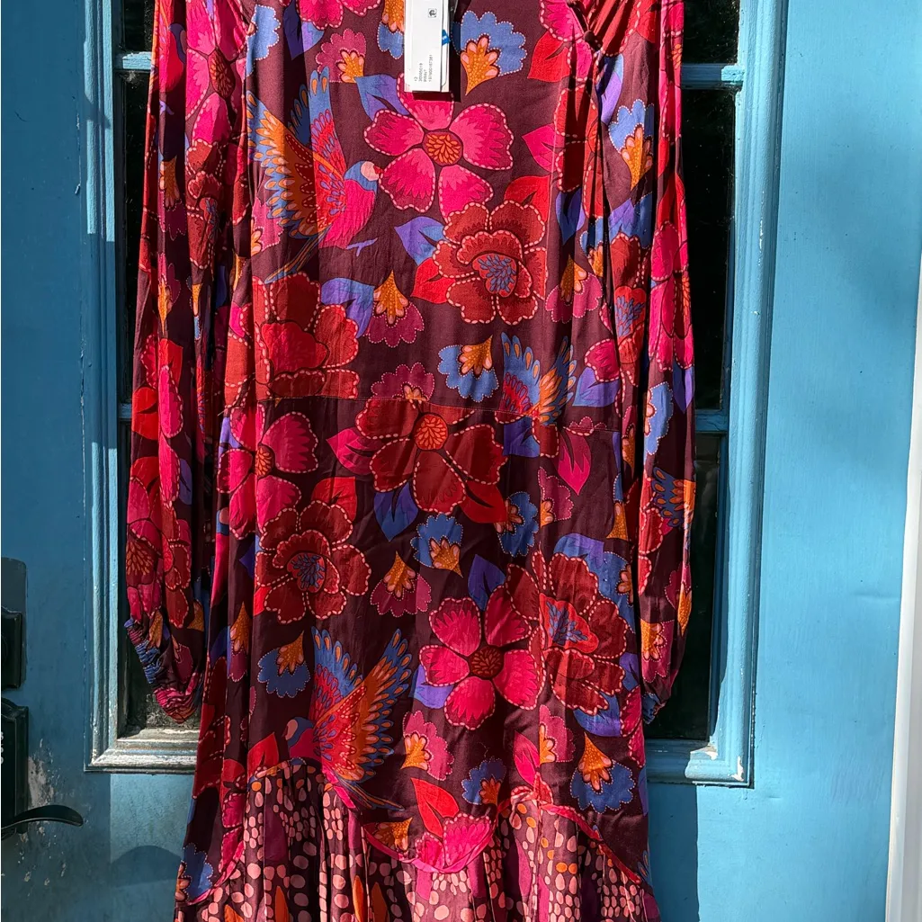 Philosophy Red and Purple Floral Long Sleeve Dress Silky Feel Button Detail NWT - Image 9