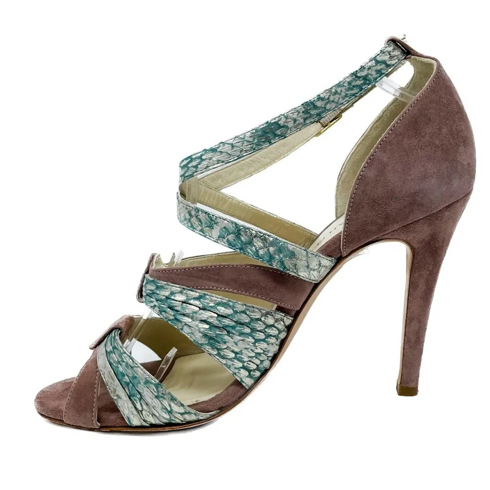 Sarah Flint Aqua Mauve & Gold Suede & Snakeskin Print Vilma Sandals size 37 - Image 9